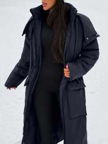 SHEIN Women's Puffer Hooded Versatile Padded Coat, Winter Women Clothes, Padded Coat Women, Casual Long Padded Coat - Navy Blue - View 5