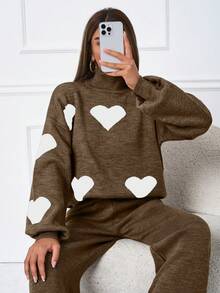 SHEIN Tall 2pcs/Set Casual Heart Pattern High Neck Sweater, Tall Women - Chocolate Brown - View 5