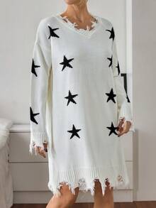 EURMUSE Women Star Pattern Distressed Drop Shoulder Sweater Dress Mini - Black and White - View 3