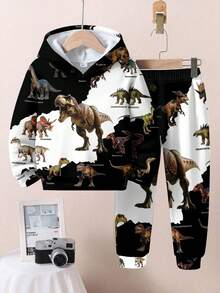 SHEIN 3D恐龙，侏罗纪，霸王龙，帅气，黑白，真实纹理，逼真恐龙！恐龙百科全书宽松休闲舒适长袖连帽卫衣两件套，适合小男孩