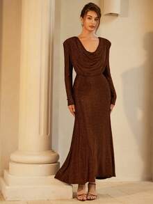 GENKIRA Brown Glitter,Autumn,Elegant,Dinner French Retro Palace Knitted Metallic Yarn Plunging Neckline Loose Wide Hem Dress With Lining,Shoulder Pads - Burgundy - View 4