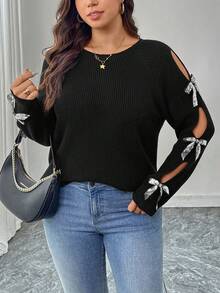 SHEIN LUNE Plus Size Hollow Out Casual Knit Sweater With Playful Sequin Bow Decor Bow Top Women Black Sweater Winter Party Graduation Elegant Sequin Elegant Graduation Christmas New Year Winte Shiny - Black - View 6
