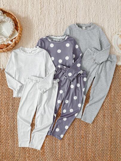 SHEIN 6pcs Young Girls Soft & Comfortable Undershirt & Pants Set, Classic Fashion Cute Stripe & Polka Dot Print, Ruffle Collar, Cuffs, Hem, Waistband Decor Kids Loungewear Kids Long Sleeve Summer Sets Linen Kids Pajama Gowns Kids Sleep Wear Kids Sleepwear Kids Pajamas