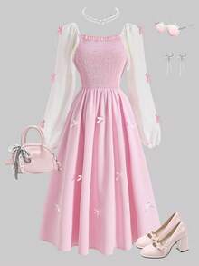 Đầm dài tay cổ vuông thắt nơ màu thanh lịch cho bé gái tuổi teen - Nhiều màu - Xem 3