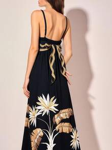 CAJUNI 女士休闲金叶香蕉叶印花黑色吊带束腰优雅连衣裙，适合约会，女士优雅正式连衣裙 - 黑色 - 查看 2