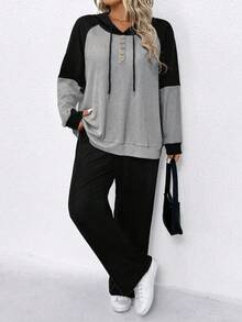 Bộ 2 món/Bộ trang phục có mũ trùm đầu thoải mái màu tương phản dành cho nữ - Nhiều màu - Xem 3