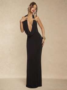 Silquee 女士纯色深V领性感吊带长款针织连衣裙 - 黑色 - 查看 4