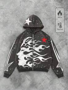 ROMWE MEN Street Life Áo hoodie dài tay in hình ngôi sao năm cánh và hình người cho nam mùa thu/đông có túi , thường ngày và lót giữ nhiệt - Xám - Xem 4