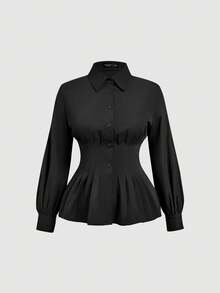 SHEIN MOD 大码纯色褶裥腰长袖衬衫 - 黑色 - 查看 1