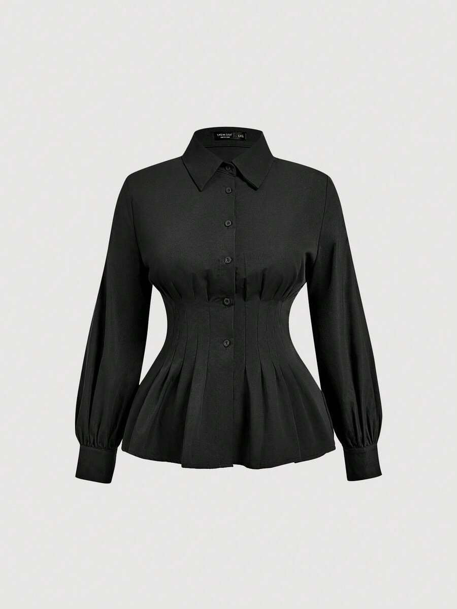 SHEIN MOD 大码纯色褶裥腰长袖衬衫 - 黑色 - 查看 1