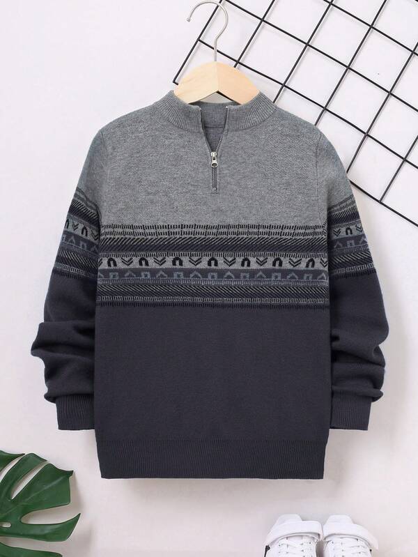 SHEIN Vintage Pattern Loose Fit Long Sleeve Half-Zip Sweater For Tween Boys