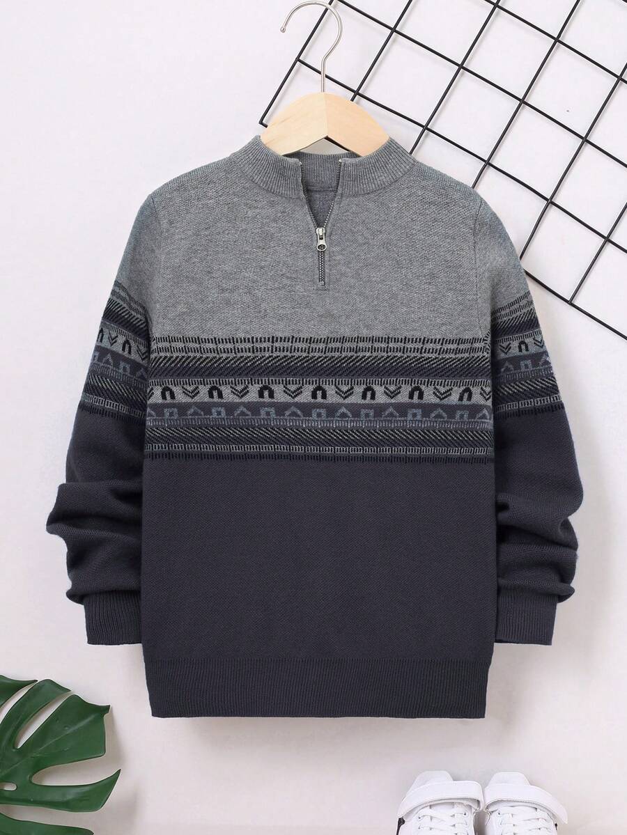 SHEIN 复古图案宽松长袖半拉链毛衣,适合青少年男孩 - 灰色 - 查看 1