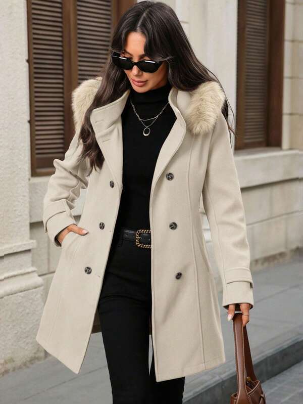 EMERY ROSE Abrigo con capucha de doble botonadura y bolsillos de unicolor para mujer, versátil y de moda