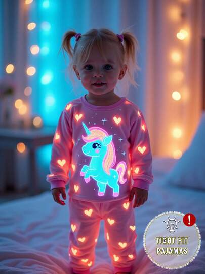 SHEIN Perso Play 1 set pyjamasset för babyflickor med enhörningstryck och topp som lyser i mörkret och är åtsittande leggings med hjärtmönster