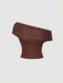 SHEIN MOD Women's Versatile Polka Dot Mesh Women's Camisole, Brown Top,Fall/Winter, Look,Western, Casual Top,Cute Top, Polka Dot Top, Pokadot Top,Brown Top, Polka Dot Tops, Polkadot Top, Off Shoulder Top,Sexy Tops - Multicolor - View 5
