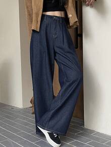 DAZY Women's Pocketed Pleated Wide Leg Loose Casual Versatile Jeans