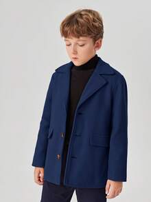 SHEIN Boys' Solid Color Casual Long Sleeve Jacket - Navy Blue - View 5