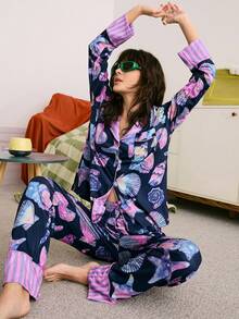 Young Starfish, Seashell, Striped Print Lapel Long Sleeve Top & Long Pants Women Pajama Set, Winter Clothes - Multicolor - View 1
