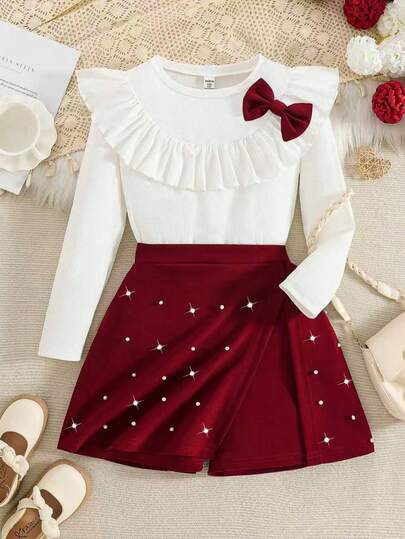Young Girls' Fashion White Ruffle Collar Top With Burgundy 3D Bow Accent Paired With Burgundy Beaded Skort 2-Piece Set, French Elegant Style Suitable For Daily, Party, Casual Wear, Spring/Autumn, Winter, Christmas
