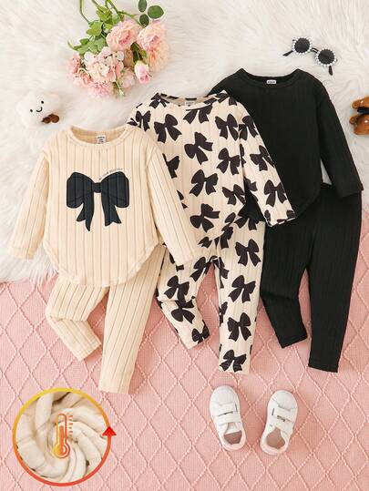 SHEIN 6pcs Baby Girls Butterfly Print Top With Curved Hem + Printed Solid Color Pants Set, Cute Casual Versatile Outfit For Autumn
