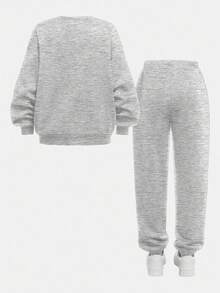 SHEIN 2pcs/Set Teen Girls Casual Minimalist Crew Neck Long Sleeve Thick Sweatshirt And Pants Set, Suitable For Autumn/Winter - Grey - View 2