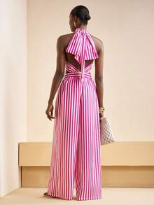 Zivah Pink And White Striped,Summer,Casual,Vacation,Holiday Backless Halter Sling Long Wide Leg Jumpsuit Music Festival Beach Bohemian Tropical Travel - Hot Pink - View 2