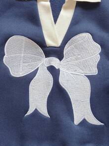 SHEIN 2件套女童藏蓝色翻领深V领刺绣蝴蝶条纹长袖上衣和藏蓝色条纹蝴蝶印花长裤套装（小号），运动服 - 彩色 - 查看 6