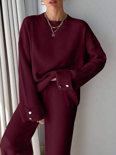 EURMUSE Women Button Detailed Sweater And Pant Set