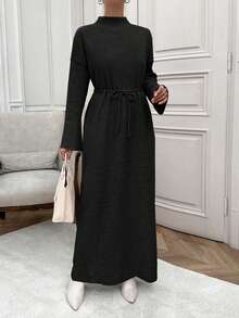 EURMUSE Solid Color Stand Collar Long Sleeve Casual Loose Fashion Ribbed Pattern Oversized Maxi Dress - Black - View 6