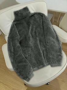 Claim Dot 男士套头四分之一拉链卫衣，深灰色保暖内衬，刺绣设计，醒目个性，室内外皆宜，休闲、运动、通勤、返校、度假皆可穿着，是送给男友/老公的理想礼物，情侣装，长袖上衣 - 深灰色 - 查看 2