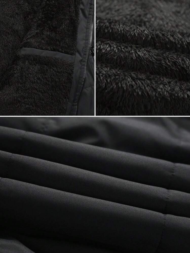 Manfinity Homme Plus Size Men's Zip Up Hooded Padded Coat, Warm For Winter, Thermal Lined - Black - View 5