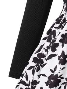 SHEIN Tween Girl Mandarin Collar Raglan Puff Sleeve Casual Floral Patchwork Print Dress - Black - View 4