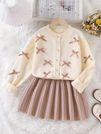 SHEIN 2pcs/Set Elegant Bow Knit Sweater And Pleated Knit Skirt Set, Winter Outfit For Girls Skirt Two Piece Set For Kids Tween Matching Set Knit Girl Clothes Autumn And Winter Clothes Girl Knit Set Girls Sweater Skirt Set Tween Matching Set Knit Skirt Two Piece Set Girls Girls Knit Two Piece Set Teen Girl Skirts Set  Girl Knit Set Girls Sweater Skirt Set Girl Clothes Autumn And Winter Clothes Tween Matching Set Knit
