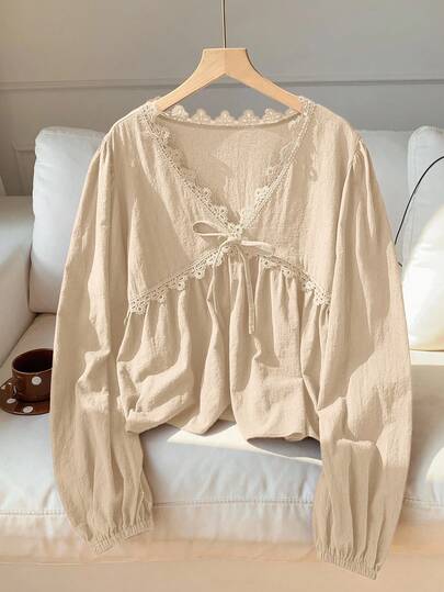 Comfortcana Women's Casual Solid Color Lace Trim Blouse, Autumn