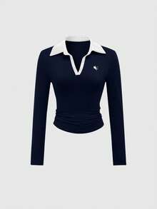 INAWLY 2 piezas Camisetas polo de manga larga negras y grises bordadas de estilo casual para mujer, ajustadas para exteriores