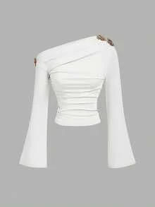 SHEIN MOD Women's White Asymmetrical Shoulder Metal Decor Ruched Fashion T-Shirt - White - View 4