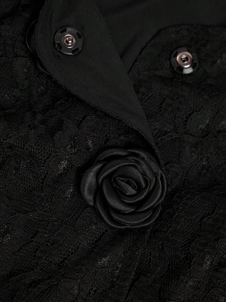 Women's Elegant Black Autumn Lace Fabric Fitted Coats,Formal Evening Holiday Dinner Party Luxurious Coat With Floral Buttons,New Year's Style Tops