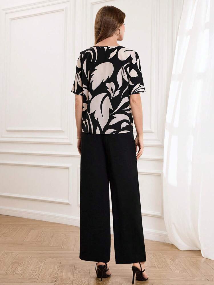 ボタニカル柄 半袖シャツ ワイドパンツ カジュアル 2点セット レディース