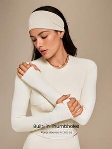 GLOWMODE FeatherFit™ Soft Stretchy Ribbed Seam-Dividing Design Long-Sleeve Tee Top Low Impact Yoga Pilates Studio Daily Casual Wear Removable Cups