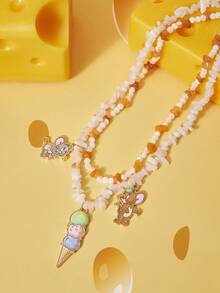 TOM & JERRY X SHEIN 1pc Women's Fashionable Cartoon Element Beaded Necklace - Gold - View 2