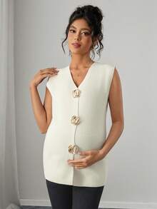 Momance Women's Fitted V-Neck Rose Gold Button Design Casual Elegant Maternity Sweater Vest, Solid Color