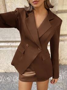 Aloruh 女士时尚纯色翻领肩长袖修身收腰西装外套 - 棕色 - 查看 5