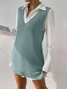 EURMUSE V-Neck Solid Color Casual Versatile Ribbed Knit Sweater Vest - Green - View 7