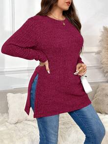 SHEIN Frenchy 加大码圆领插肩袖修身开衩下摆罗纹长袖T恤 - 酒紅色 - 查看 4