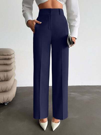 EURMUSE Women Pocket Detailed Long High Waist Elegant Woven Pants