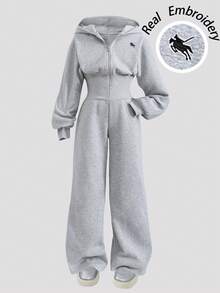 SHEIN Tween Girl Hooded Zip-Up Sweatshirt And High Waisted Thermal Lined Pants Jumpsuit With Elegant Horse Racing Embroidered Pattern Loose Sweatshirt Jumpsuit Girls Co Ord Sets Jumpsuits Sweatsuit Set Girls Jump Suit Grey Jumpsuit - Light Grey - View 3