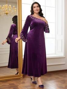 Al Najma Váy nhung thêu phong cách Ả Rập thanh lịch cỡ lớn dành cho nữ - Màu tím - Xem 6