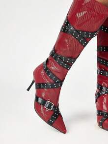 ROMWE Grunge Punk 女式新款尖头细高跟铆钉过膝长靴，黑色 - 紅色 - 查看 3