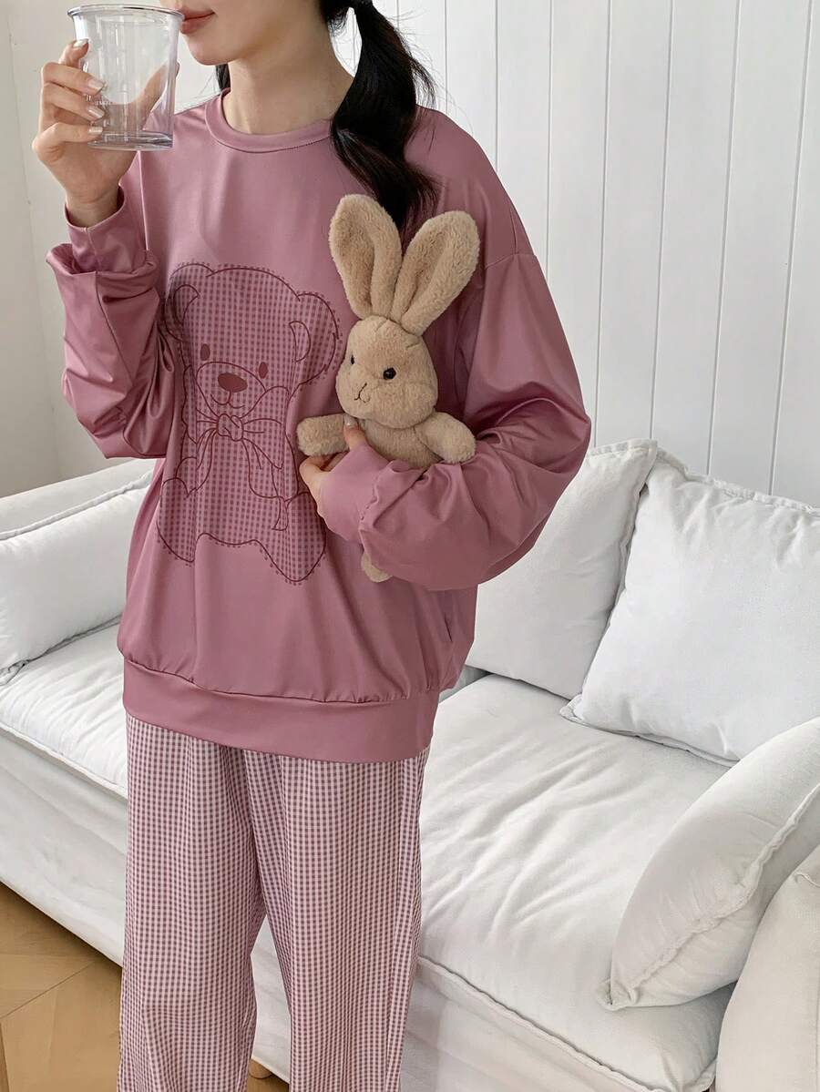 2件套优雅可爱小熊印花休闲舒适长袖上衣和裤子睡衣套装，适合少女穿着 - 棕色 - 查看 1
