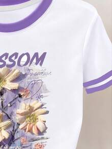 SHEIN Áo thun cổ tròn dáng rộng kẻ sọc màu tương phản thời trang dành cho nữ - trắng - Xem 3